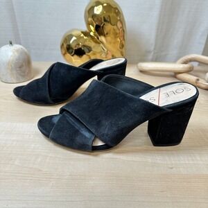 SOLE SOCIETY Black Suede Mules Criss Cross Block Heel Slides Black Size 6